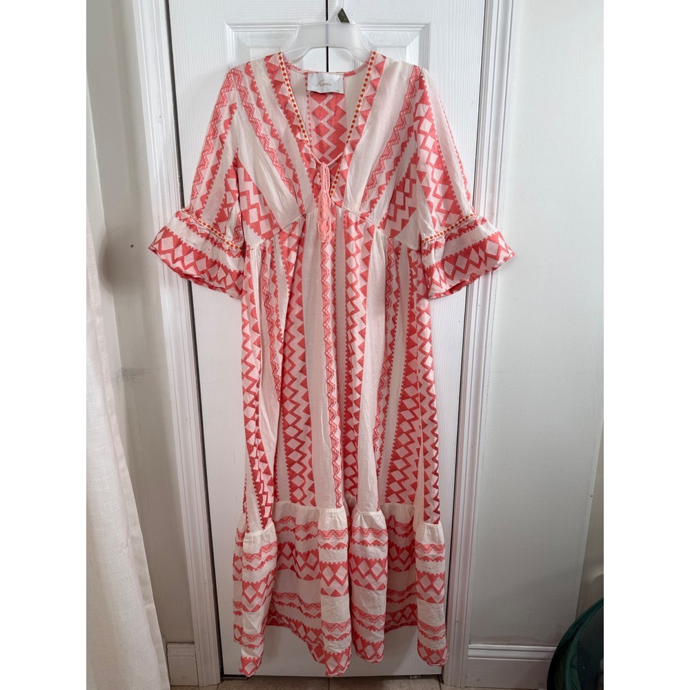 Kasia Embroidered Maxi Dress XS Pink White Boho Coastal Resortwear Greek Made